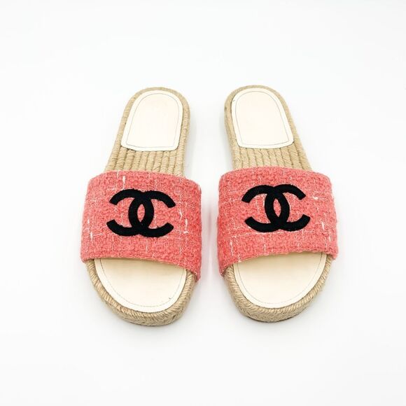 Chanel CC Logo Espadrilles Sandals Pink Tweed Slides Mules EU 38 US 7-7.5 - Picture 3 of 14